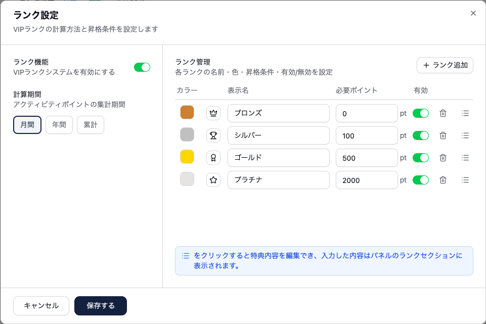 ランク設定画面。左に「ランク機能」の有効切り替えと「計算期間」の月間・年間・累計の選択肢があり、月間が選択されている。右に「ランク管理」として、ブロンズ0pt、シルバー100pt、ゴールド500pt、プラチナ2000ptの4つのランクが色とアイコン付きで並んでいる。