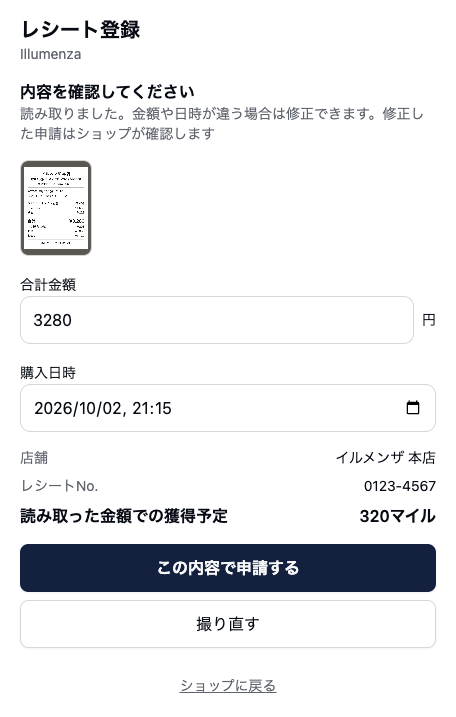 カメラページの「内容を確認してください」の画面。「読み取りました。金額や日時が違う場合は修正できます。修正した申請はショップが確認します」という説明、レシートの写真、合計金額3280円と購入日時2026/10/02 21:15の入力欄、店舗「イルメンザ 本店」、レシートNo.「0123-4567」、「読み取った金額での獲得予定 320マイル」が並び、下に「この内容で申請する」「撮り直す」のボタンと「ショップに戻る」のリンクがある。