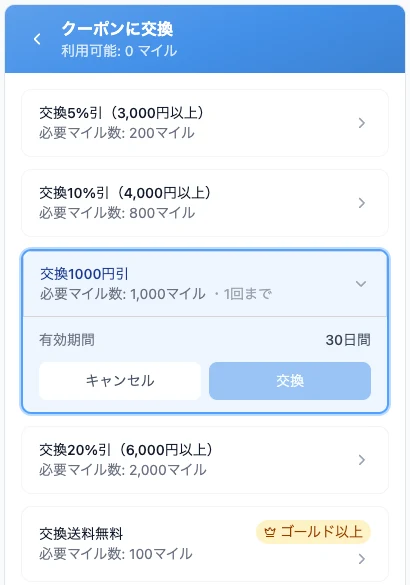 パネルの「クーポンに交換」の一覧。交換1000円引の行に「必要マイル数: 1,000マイル ・1回まで」と表示され、開いた行には有効期間30日間と、キャンセルと交換のボタンが並んでいる。