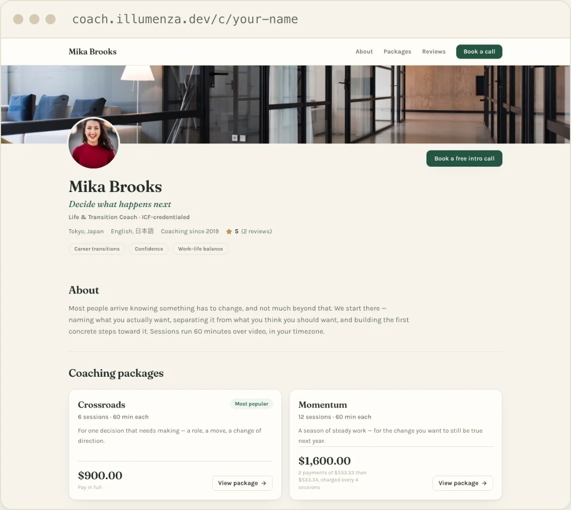 Illumenza Coach - a coach's public page with profile, about, and coaching packages