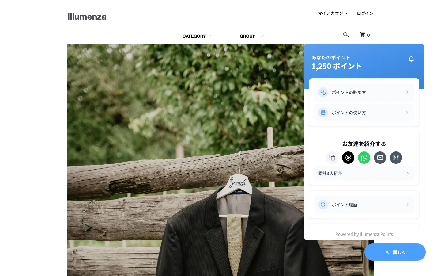 Illumenza Points widget panel - Points balance, referral, and rewards UI on a Colorme store